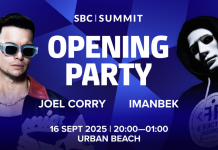 Imagem da festa de abertura do SBC Summit 2025, com Joel Corry e Imanbek