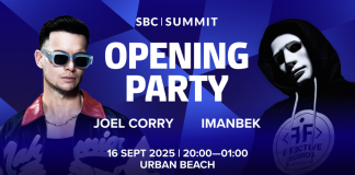Imagem da festa de abertura do SBC Summit 2025, com Joel Corry e Imanbek