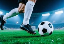 Jogador se prepara para chutar a bola em campo