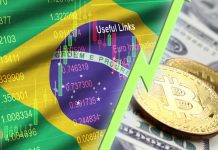 Montagem da bandeira do Brasil, com números, simulação de gráfico financeiro e moeda virtual
