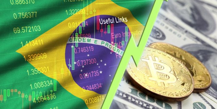 Montagem da bandeira do Brasil, com números, simulação de gráfico financeiro e moeda virtual