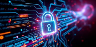 Cadeado digital brilhante com fluxos de código binário e pontos de dados