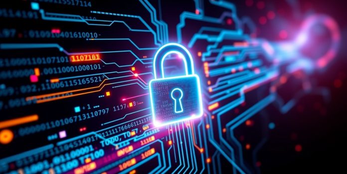 Cadeado digital brilhante com fluxos de código binário e pontos de dados