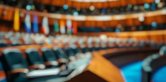 Congresso Nacional debate MP sobre tributação de aplicações financeiras e ativos virtuais Sala de conferência com pódio e assentos vazios para debates políticos