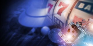 Ilustração 3D de bobina de caça-níqueis, dados e fichas de cassino online