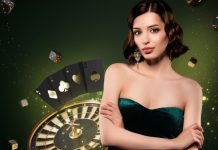 Mulher representando crupiê com jogos de cassino no fundo