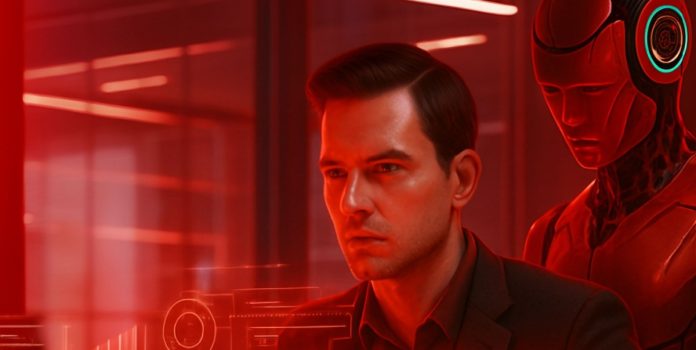 esportes-da-sorte-aprimora-atendimento-ao-cliente-com-ia-e-humanização Homem sentado olhando gráficos digitais e robô em pé atrás dele conferindo tudo