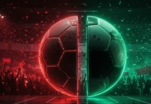 Bola gigante de futebol dividida ao meio, metade vermelha, metade verde