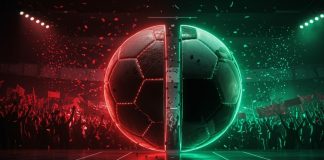 H2bet promove ação para torcedores do Galo em parceria com jogadores Bola gigante de futebol dividida ao meio, metade vermelha, metade verde