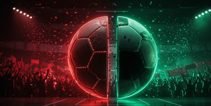 h2bet-ação-especial-para-torcedores-do-atlético-mg Bola gigante de futebol dividida ao meio, metade vermelha, metade verde