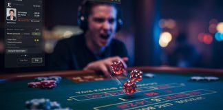 Dados voando sobre a mesa de jogos e menino no fundo ouvindo música.