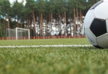 Uma bola de futebol e um gramado.