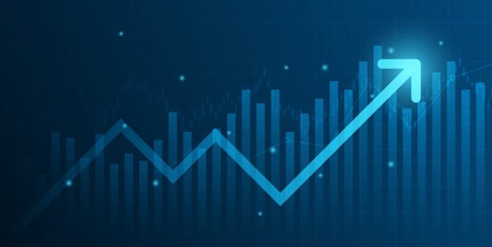 Gráfico-Subindo Imagem de um gráfico, com uma seta azul em ascensão.