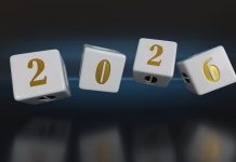 Ilustração em 3d de dados para compor o número 2026