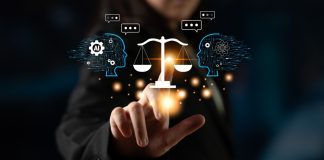 Helena Matos, Jusbrasil Soluções: inteligência jurídica atua como infraestrutura no compliance de operadores Balança da Justiça em destaque, projetada com elementos de inteligência artificial e humana em equilíbrio