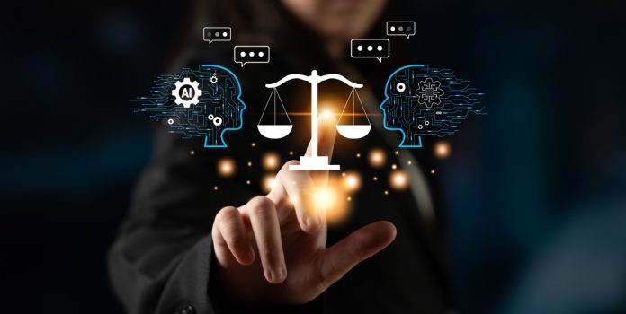 Helena-Matos-Jusbrasil-Solucoes_-inteligencia-juridica-atua-como-infraestrutura-no-compliance-de-operadores Balança da Justiça em destaque, projetada com elementos de inteligência artificial e humana em equilíbrio