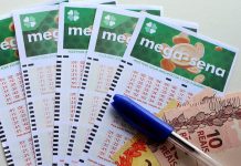 Jogos de Mega-Sena ao lado de notas de 10 e 20 reais.