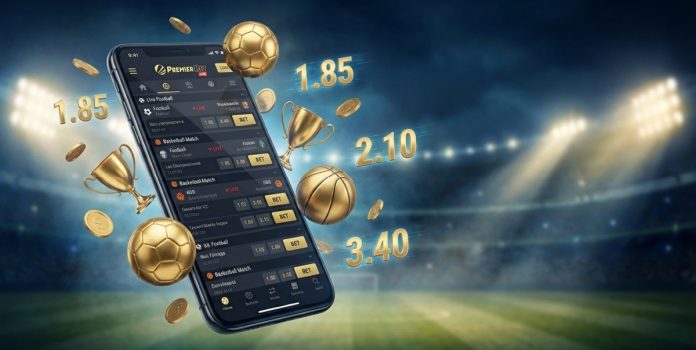 Ana-Gaming-apresenta-Guilherme-da-Mata-Fiorin-como-Superintendente-de-Sportsbook- Um celular projetado em frente a um campo de futebol apresentando opções de apostas esportivas na tela