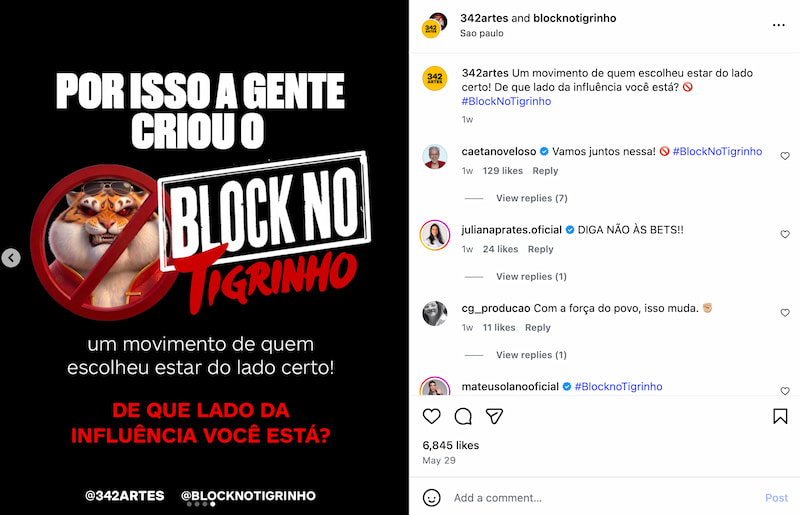 Imagem da campanha Block no Jogo do Tigrinho, da 342 Artes.