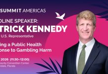 Patrick J. Kennedy, ex-congressista dos EUA, participa de debate sobre proteção ao jogador no SBC Summit Americas 2026 Banner digital oficial de divulgação do SBC Summit Americas 2026