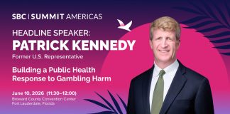 Patrick J. Kennedy, ex-congressista dos EUA, participa de debate sobre proteção ao jogador no SBC Summit Americas 2026 Banner digital oficial de divulgação do SBC Summit Americas 2026