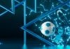 Uma bola de futebol e um par de chuteiras sobre um fundo azul