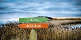 Duas placas coloridas apontando para direções distintas, diferenciando o legal do ilegal