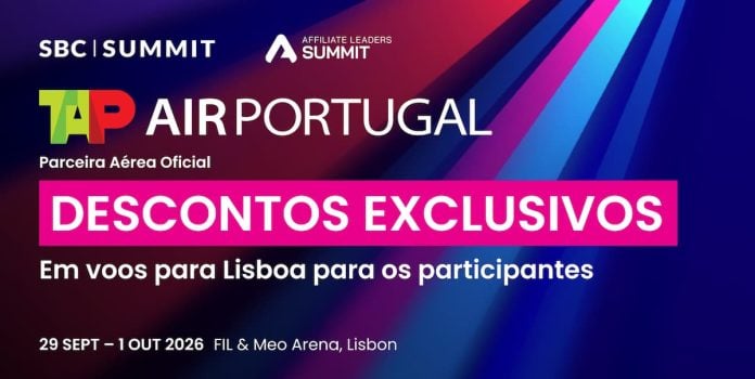 Banner digital para a parceria entre a SBC e a Tap Air Portugal para o SBC Summit 2026.