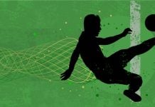 Silhueta dinâmica de jogador de futebol em fundo verde