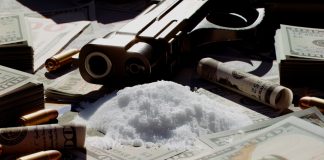 Arma, munições, drogas e dinheiro sobre uma mesa