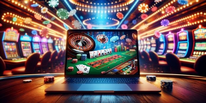 bet365-apresenta-jogos-em-destaque-de-junho-no-Brasil_-Pragmatic-Play-segue-liderando Criação de IA simulando um cassino online e, ao fundo, cassino físico