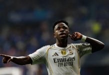 Vinícius Júnior, jogador do Real Madrid, celebra gol.