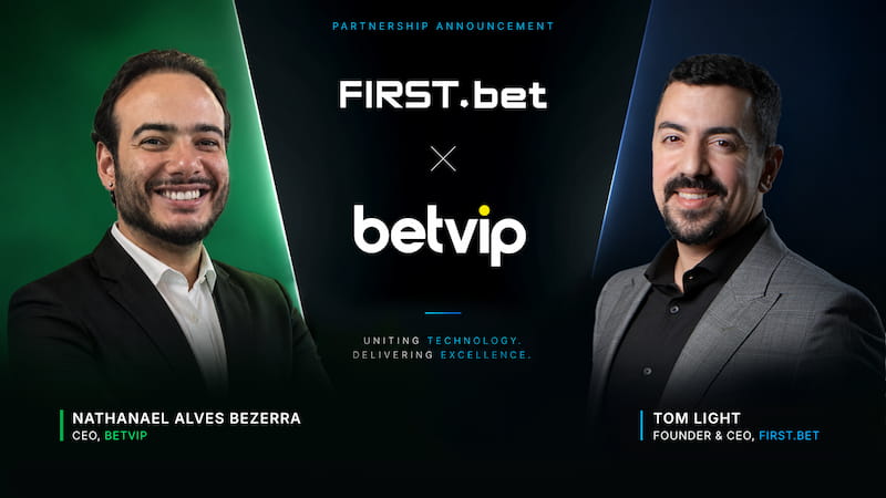 Imagem para divulgar a parceria entre FIRST.bet e Betvip, com foto dos CEOs das empresas.