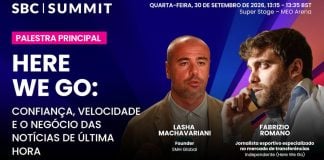 Here we go! Fabrizio Romano, ícone do jornalismo de transferências, é destaque no SBC Summit 2026 Banner digital oficial de divulgação da participação de Fabrizio Romano no SBC Summit 2026