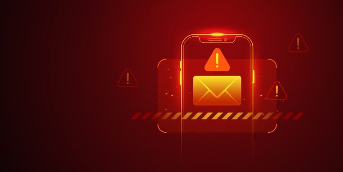 golpe-auxílio-reconstrução-apostas-ilegais Uma ilustração de um smartphone em fundo vermelho e com o símbolo de alerta