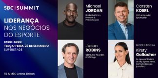 Banner para a keynote Liderança nos negócios do esporte do SBC Summit 2026, com Michael Jordan.