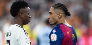 SportyBet lança campanha que levará fã brasileiro para assistir ao clássico entre Barcelona e Real Madrid na Espanha Vinícius Júnior, astro do Real Madrid, cumprimenta Raphinha, estrela do Barcelona.