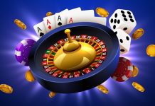 Representação visual de jogos de cassino, incluindo roleta, dados e cartas em um fundo azulado