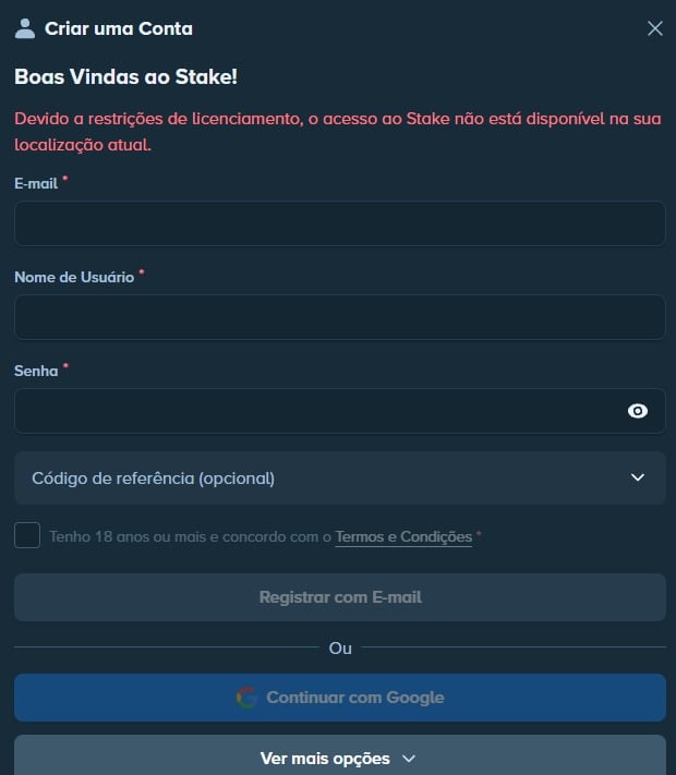 Site Stake.com impede brasileiros de fazerem cadastro.