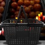 ANJL e IBJR contestam dados da Abras sobre alta no varejo alimentar após proibição das apostas Cesta de compras em frete a frutas, com gráfico de crescimento no fundo