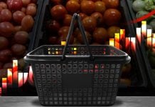 ANJL e IBJR contestam dados da Abras sobre alta no varejo alimentar após proibição das apostas Cesta de compras em frete a frutas, com gráfico de crescimento no fundo